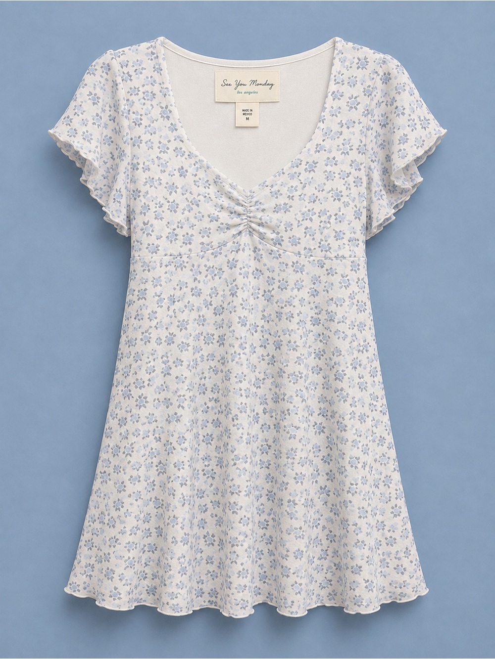 See You Monday Light Blue Floral V-Neck Flutter Sleeve Tunic